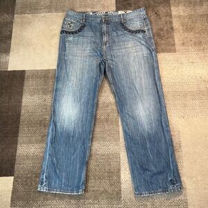 Y2K Phat Farm Men Baggy Loose Fit Blue Jean Studded Embroidered 40x31 Whiskering